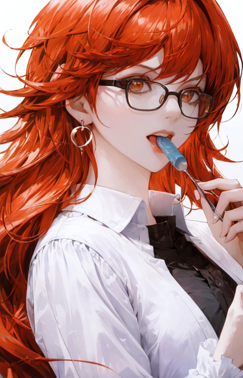 12192-2838814873-1girl, orange hair, glowing hair, earrings, eating, fruits, glasses, black background, hands, focus on face, upper body.png